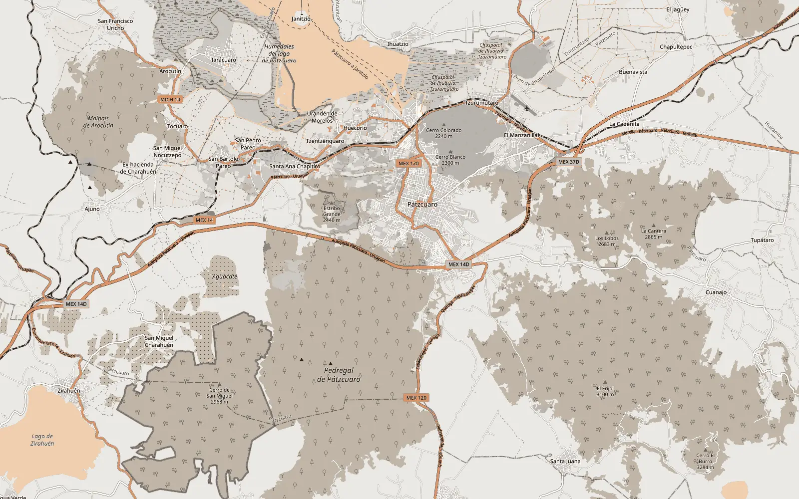 Mapa de Pátzcuaro con la ubicación de Ocotera al sur del centro